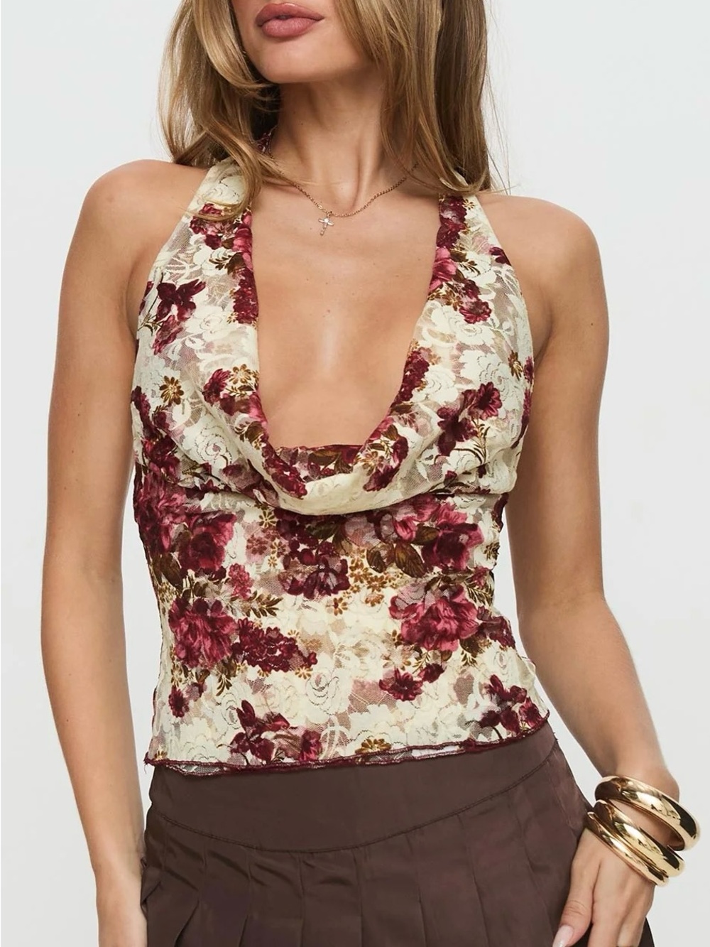 Princess Polly Floral Mesh Cowl Plunge Halter Top 0/XS Open Back Y2K Coquette